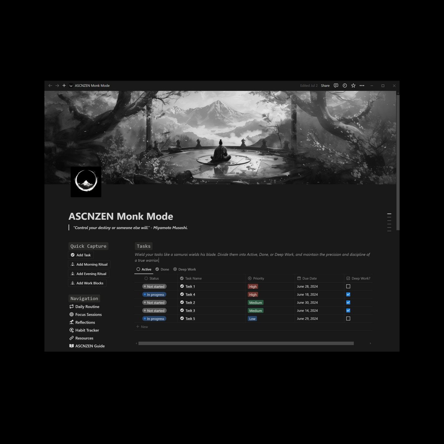 ASCNZEN MONK MODE NOTION TEMPLATE